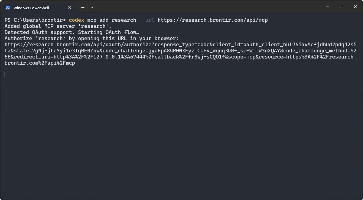 A terminal with the codex mcp add command, which reports OAuth support and prints the sign-in URL