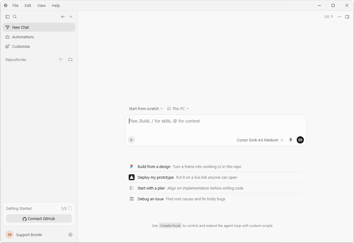The Cursor Agents window with New Chat, Automations and Customize in the sidebar