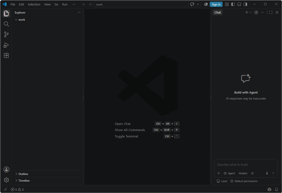 An empty VS Code window listing the Show All Commands shortcut
